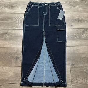 True Religion High Rise Denim Maxi Skirt Dark‎ Wash Blue Size 26